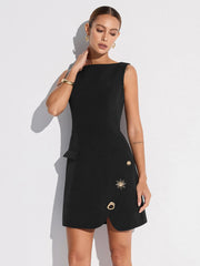 Sleeveless Fitted Asymmetric Metal Detail Mini Dress