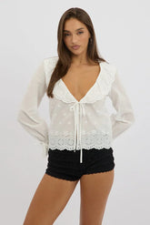 White Eyelet Top Tie Front Long Sleeve Collared