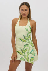 Yellow Floral Mini Dress Halter Neck Mesh