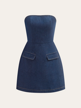 Strapless Denim Mini Dress with Decor Pockets