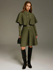 Capelet-Style Button-Front Belted Midi Dress