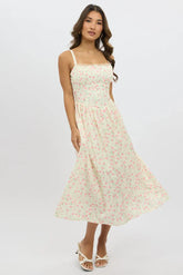 White Ditsy Midi Dress Lace Trim