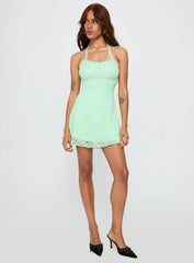 Front Page Halter Lace Mini Dress Aqua