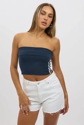 Blue Bandeau Top Side Stripe Fold Over
