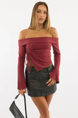 Red Off Shoulder Top Long Sleeve Ruched