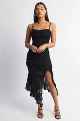 Black Midi Dress Asymmetric Hem Lace