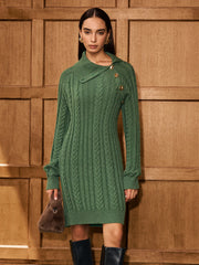 Asymmetric Collar Cable-Knit Sweater Dress