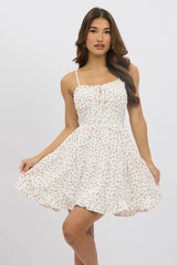 White Ditsy Fit And Flare Dress Strappy Mini