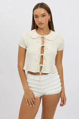 Beige Tie Front Top Collared