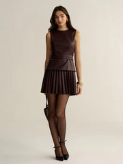 Belted Faux Leather Sleeveless Pleated Mini Dress