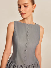 Button Front Pleated Sleeveless Dress