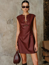 PU Leather Metal Buckle Sleeveless Mini Dress