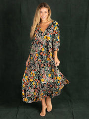 Sage V-Neck Maxi Dress - Gold Fall Floral