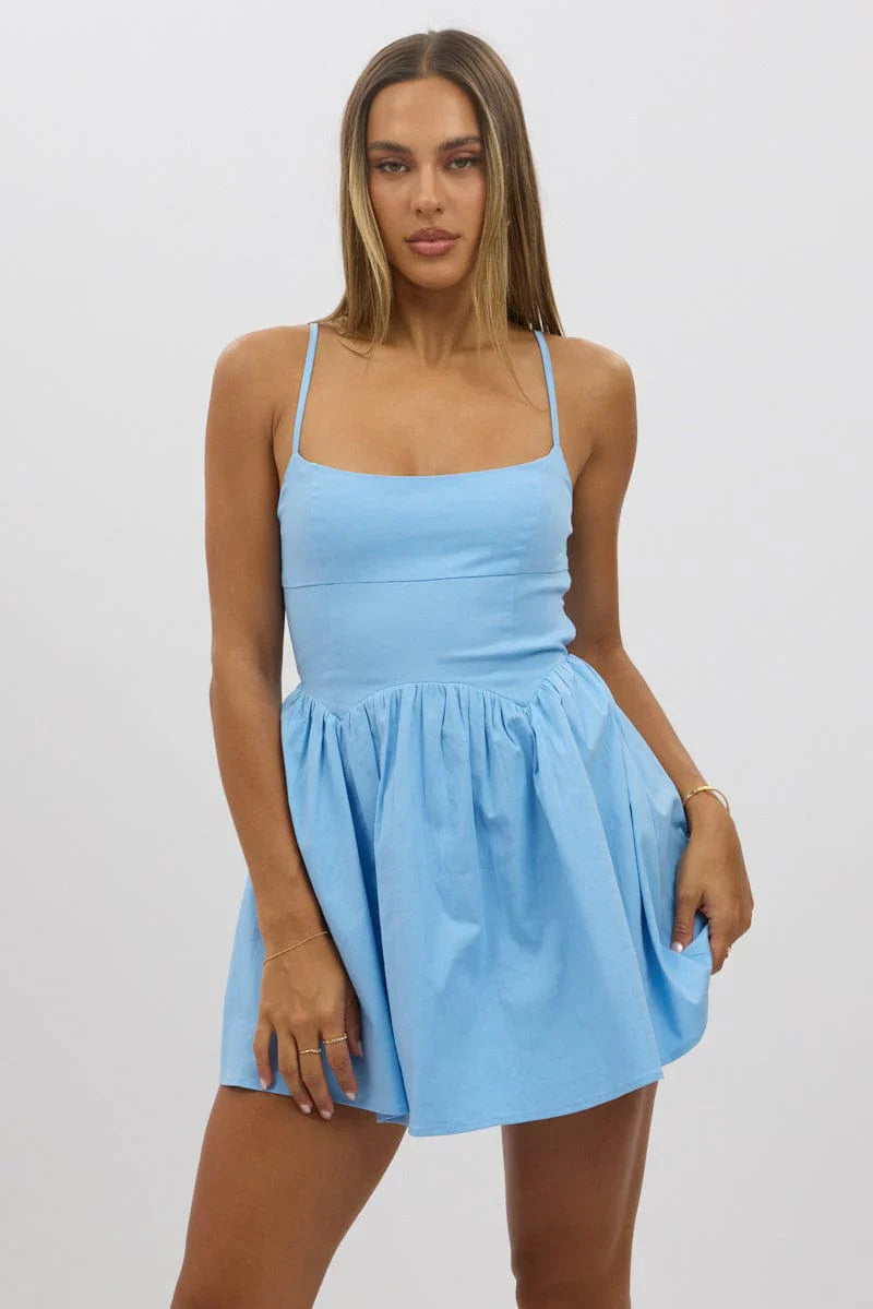 Blue Fit And Flare Dress Mini