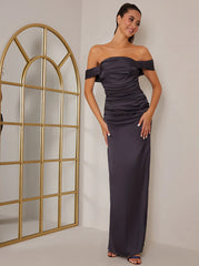 Bardot Ruched Satin Maxi Dress in Navy