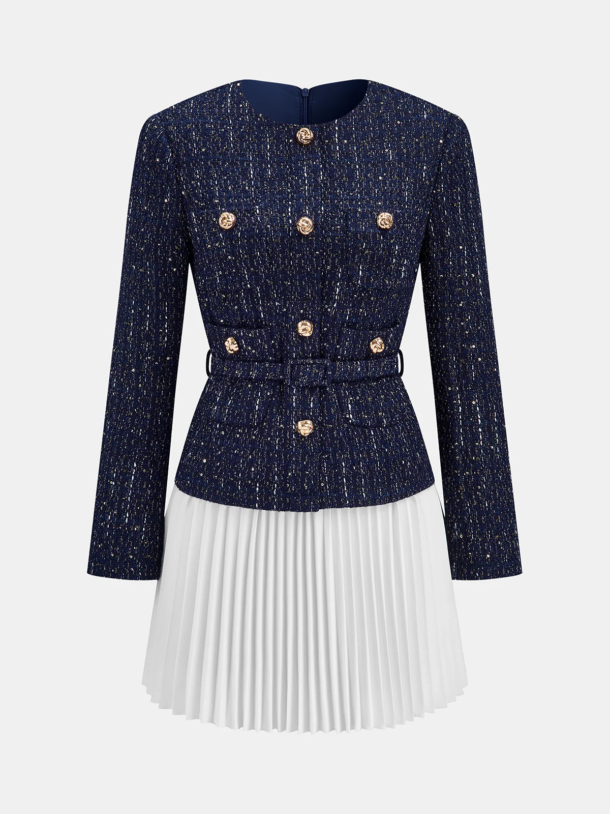 Pleated Hem Panel Tweed Belted Mini Dress