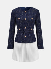 Pleated Hem Panel Tweed Belted Mini Dress