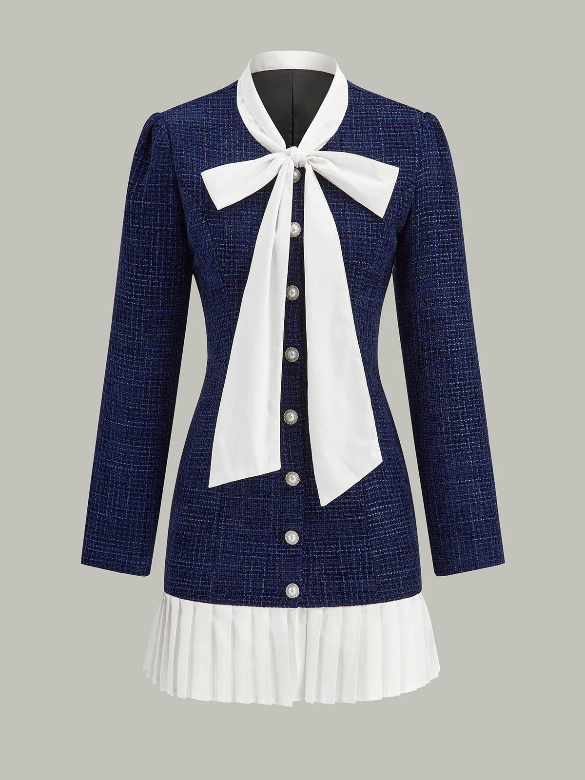 Pleated Hem Bow Neckline Tweed Mini Dress