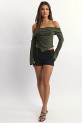 Green Off Shoulder Top Long Sleeve Ruched