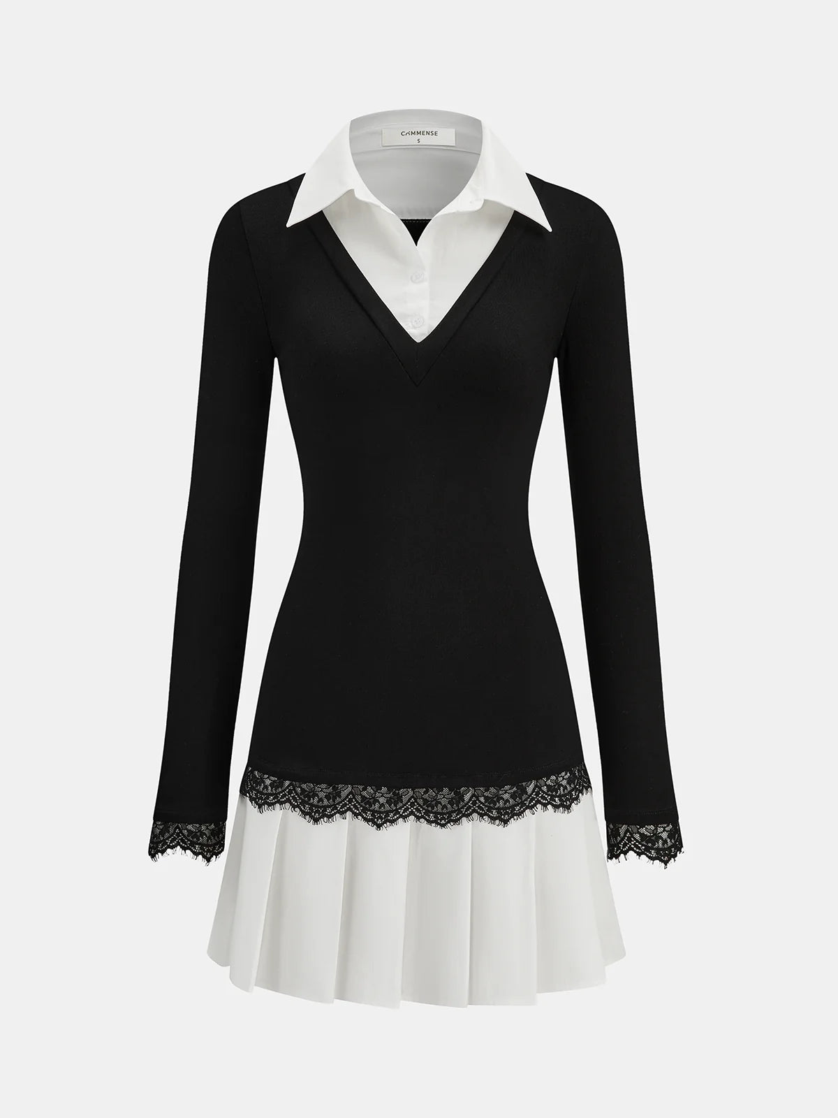 Color-Block Collared Pleated Lace Detail Mini Dress