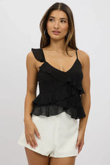 Black Cami Top Sleeveless Crossover Ruffled Details