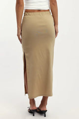 Beige Gathered Midi Skirt High Rise Bengaline Split