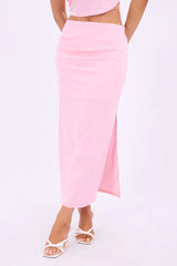Pink Gathered Midi Skirt High Rise Bengaline Split