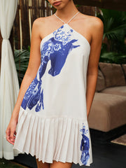 Floral Print Pleated Halter Dress