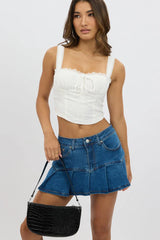 Denim Pleated Skort Mid Rise Mini Stretch Lined