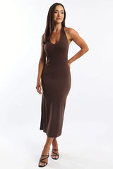 Brown Bodycon Dress Halter Neck