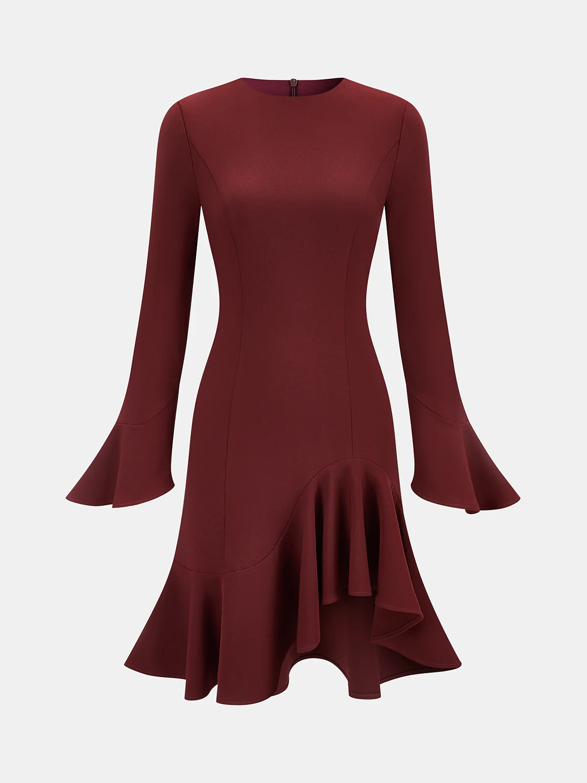 Bell Sleeve Asymmetrical Ruffle Fitted Dress