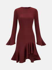 Bell Sleeve Asymmetrical Ruffle Fitted Dress