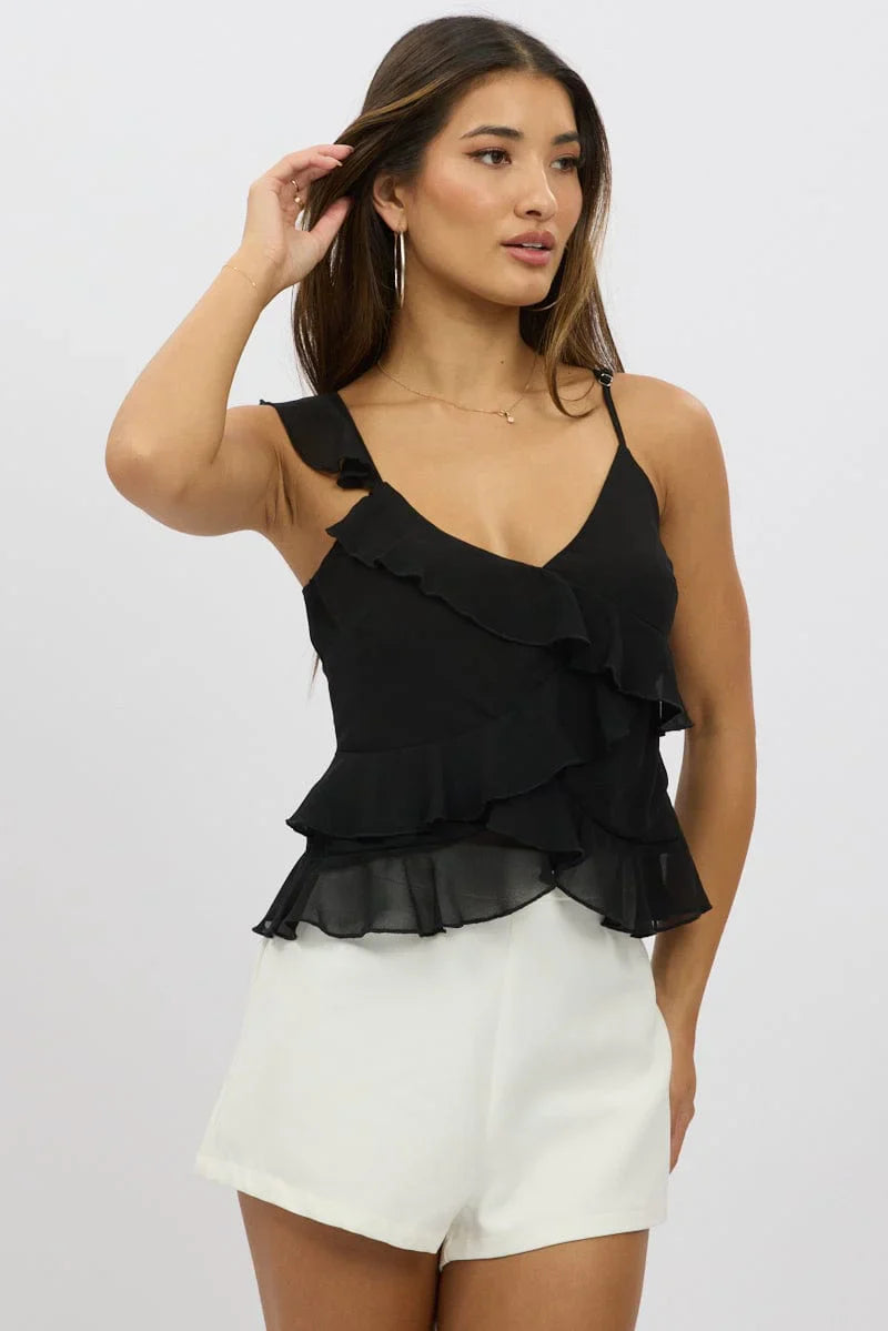 Black Cami Top Sleeveless Crossover Ruffled Details