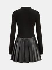 Faux Leather Pleated Panel Long Sleeve Dress