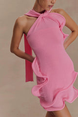 Caprice Halter Knit Mini Dress - Bubblegum Pink