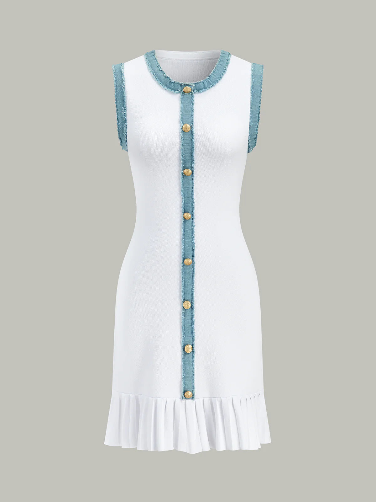 Denim Trim Button-Front Ruffle Hem Midi Dress