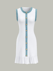 Denim Trim Button-Front Ruffle Hem Midi Dress