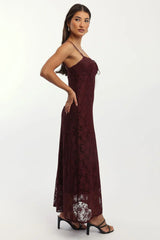 Red Maxi Dress Lace Satin Tape