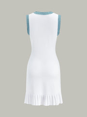 Denim Trim Button-Front Ruffle Hem Midi Dress