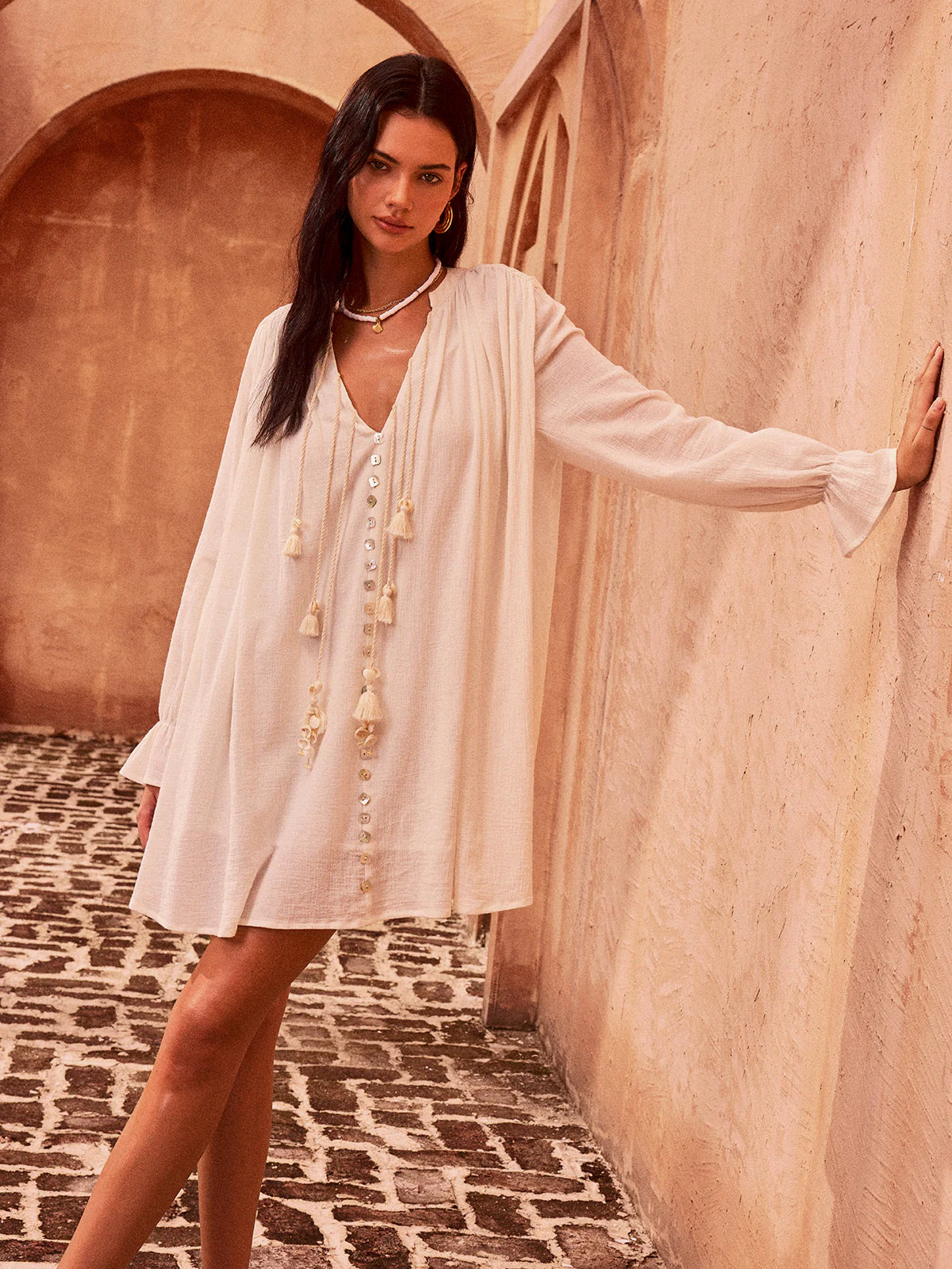 Tasseled Button Cotton Mini Dress