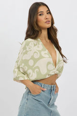 Green Abstract Tie Up Bolero Short Sleeve