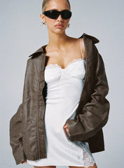 Faux Leather Collared Dad Jacket Washed Brown