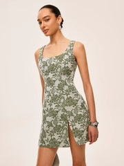 Floral Print Square Neck Dress With Side Slit