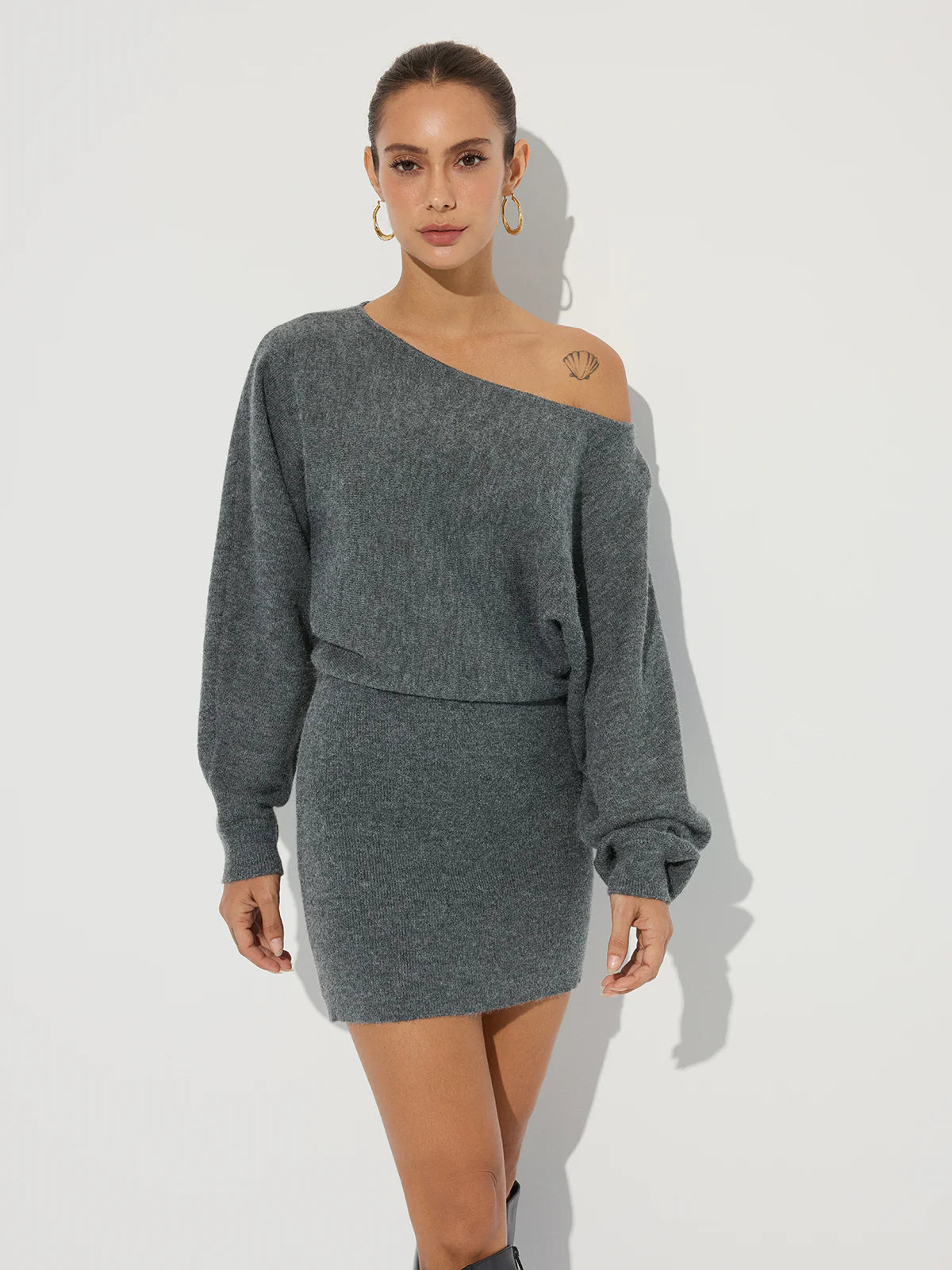 Asymmetric Off-Shoulder Knit Mini Dress