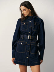 Belted Button-Front Denim Dress