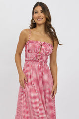 Red Check Midi Dress Ribbon Detail Strappy