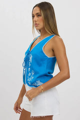 Blue Linen Vest Sleeveless Embroidery