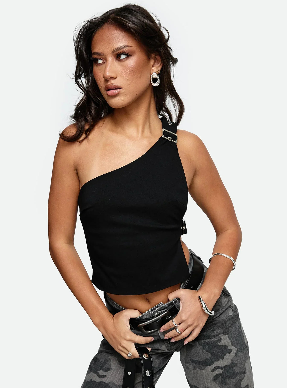 Buckled Down One Shoulder Top Black