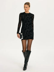 Flocked Floral Mesh Backless Mini Dress