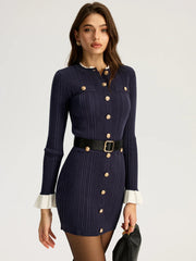 Contrast Cuff Metal Button Belted Mini Dress